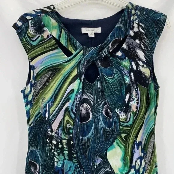 Dressbarn Peacock Sleeveless Dress 6 Black Green Feathers Circle Hem Peep Holes - Picture 2 of 10